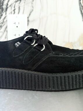 TUK Black Suede Creeper Shoes - Classic Platform Lace-Up